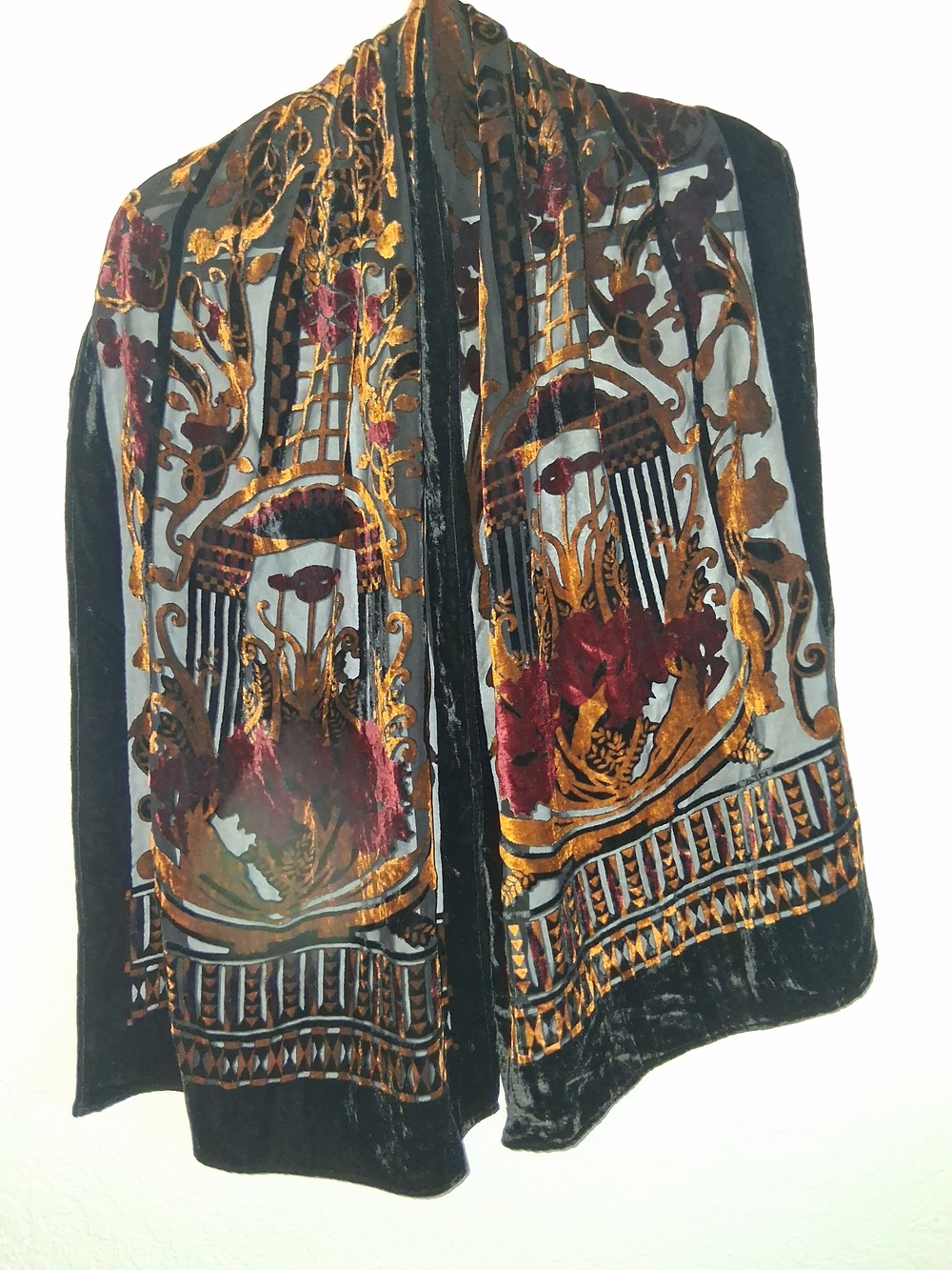 Vintage Silk Blend Burnout Velvet Scarf Sheer Gold Burgundy Floral Devore Shawl